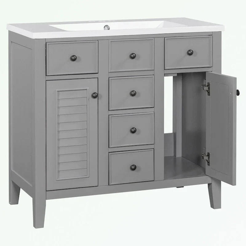 Bathroom Vanity with Ceramic Basin, Two Cabinets and Five Drawers