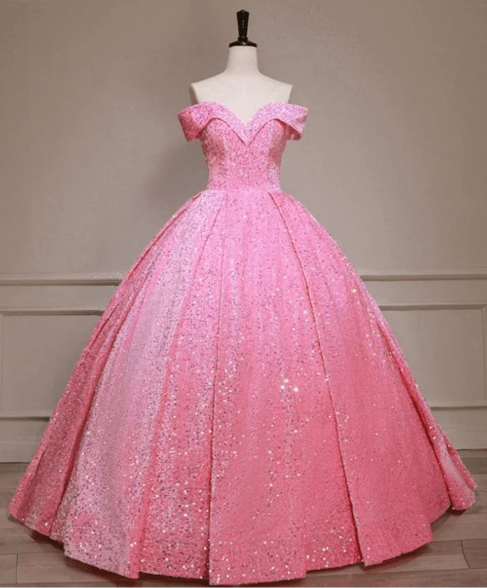 Pink Off The Shoulder Sequined Ball Gown Quinceanera Dresses