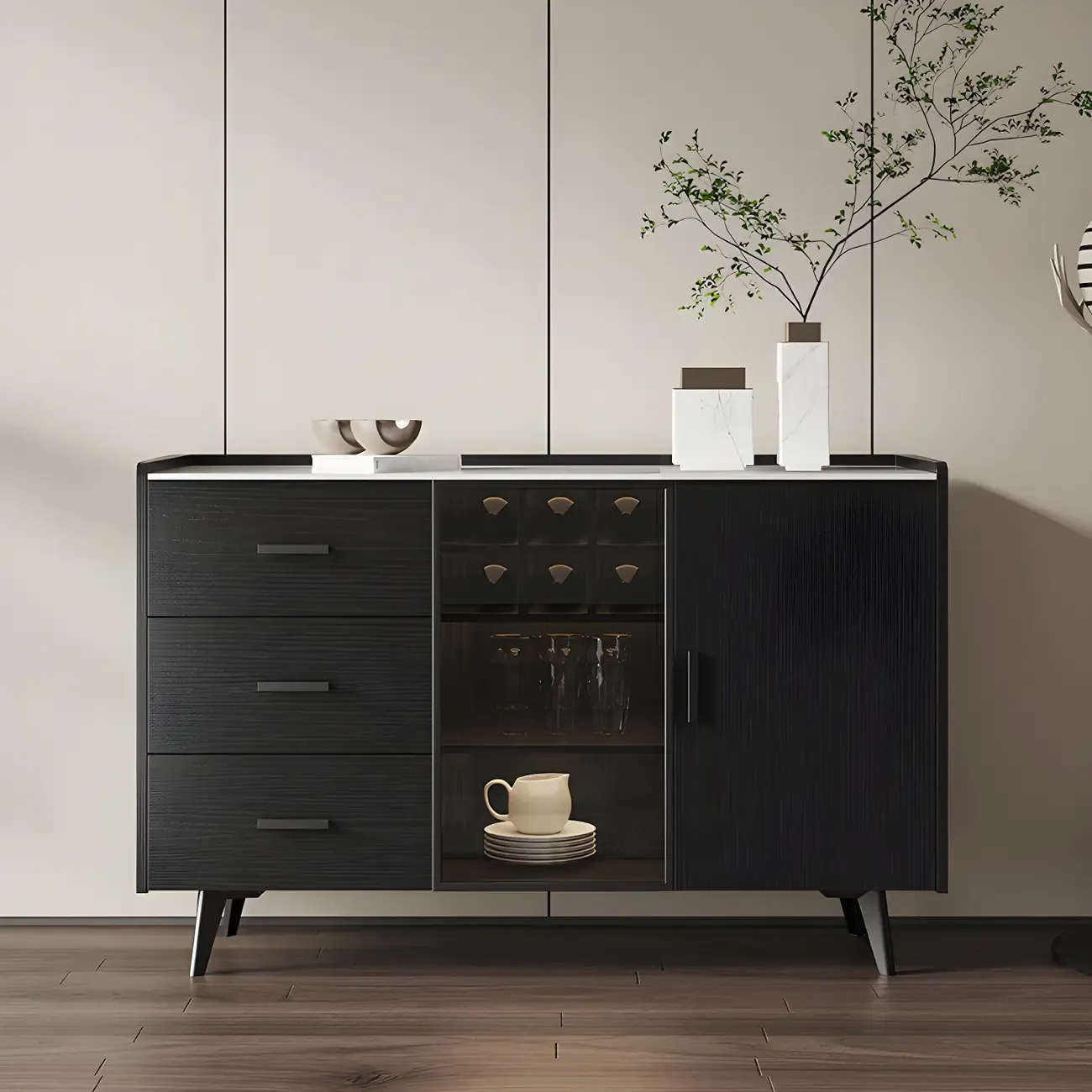 Glam Walnut Wooden Sideboard with Drawers & Cabinets