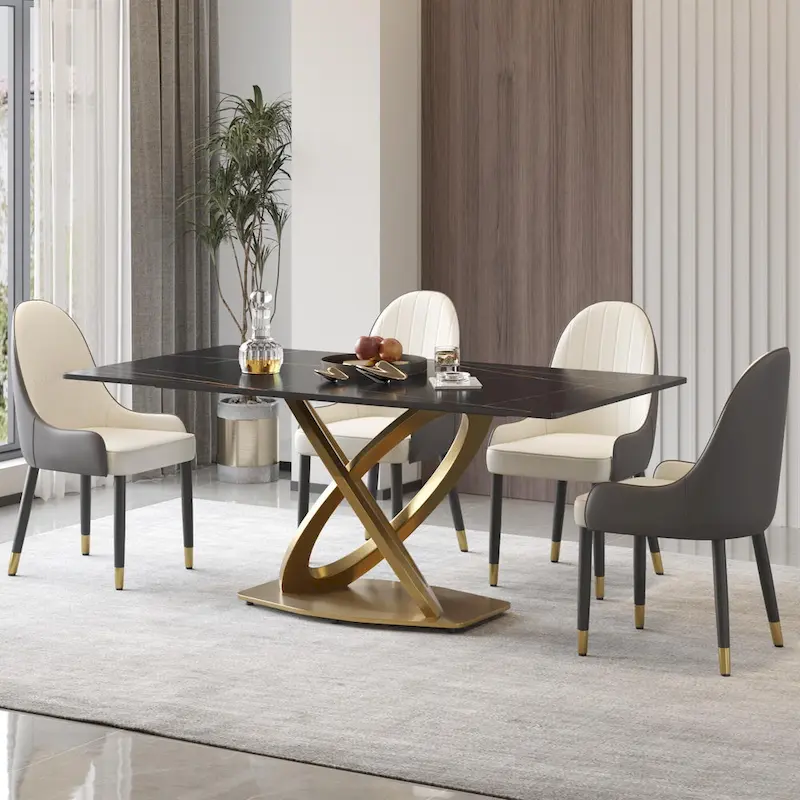 70 White Sintered Stone Dining Table with Stainless Steel Gold Pedestal