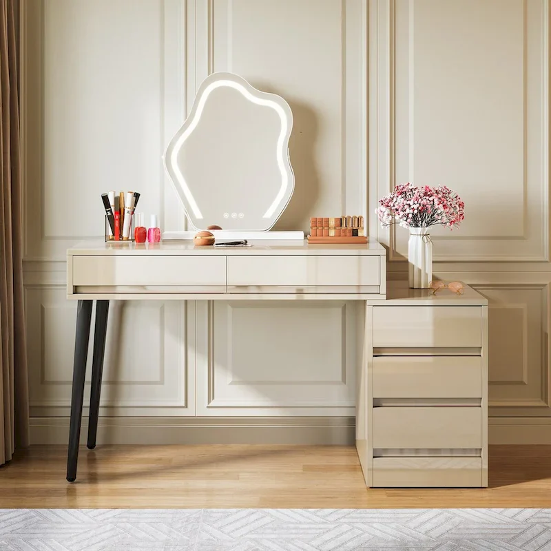 Reversible Computer Desk with 5 Drawers & Printer Stand – High Gloss White