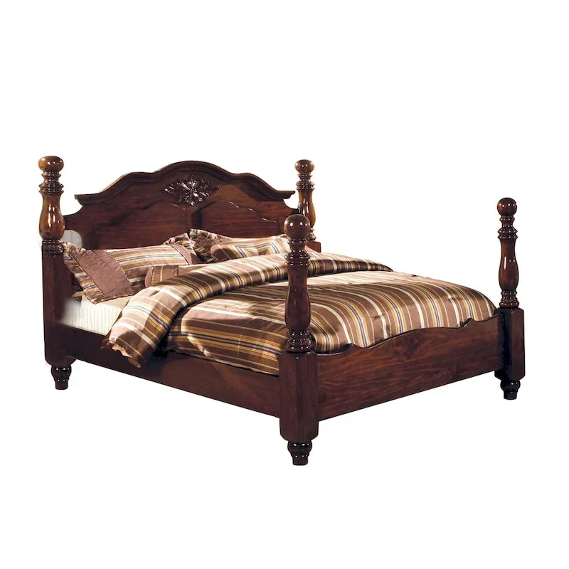 Dark Pine Antique-Style Turned Post Bed with Carved Headboard – Queen / King / California King