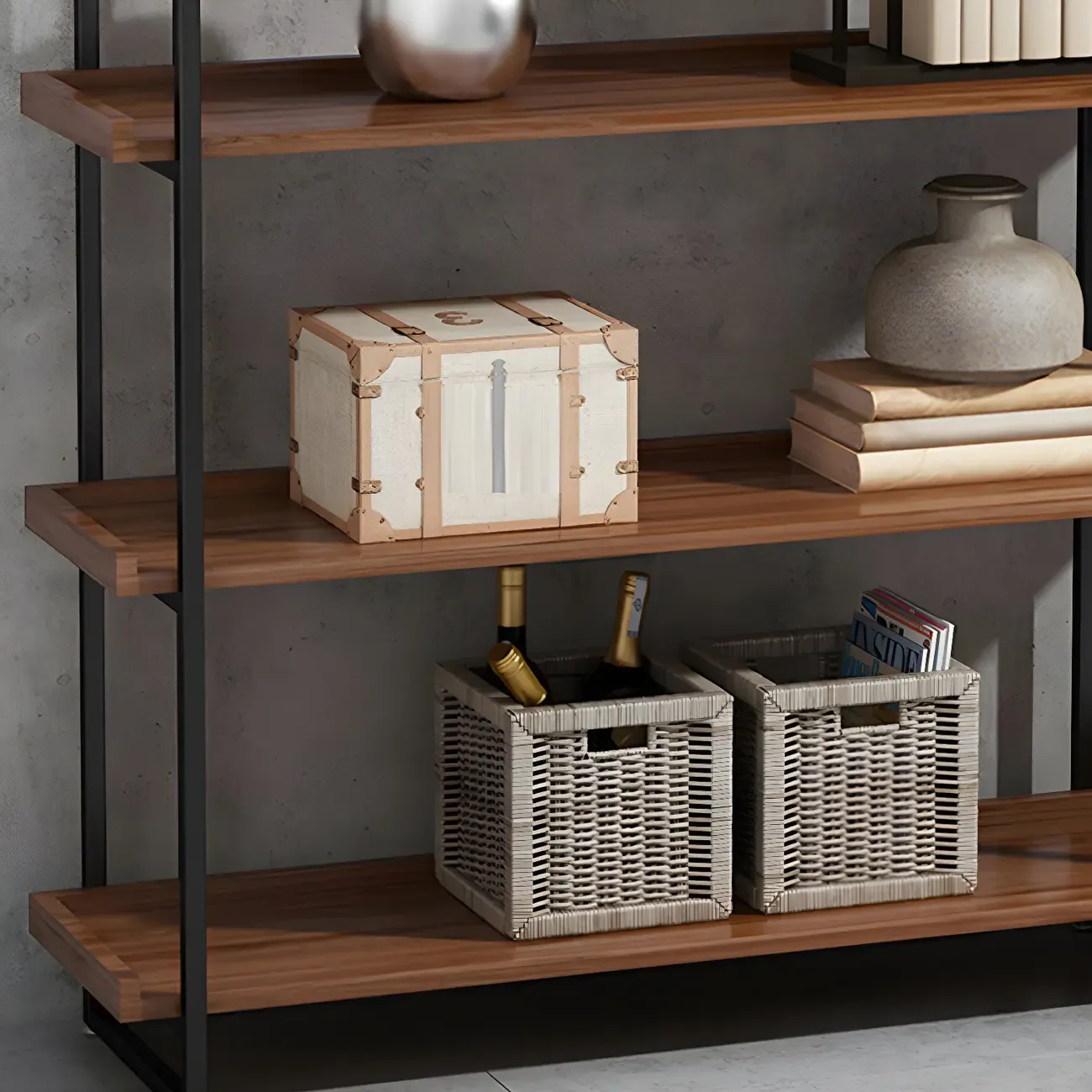 5-Shelf Industrial Metal Wood Brown Display Bookcase