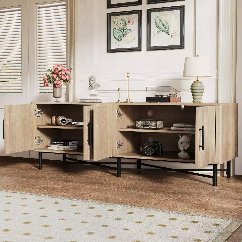 JVNOXK Medieval-inspired modern TV stand with storage ,adjustable shelves, media console suitable for 65-inch TVs, perfect for living rooms, Natural