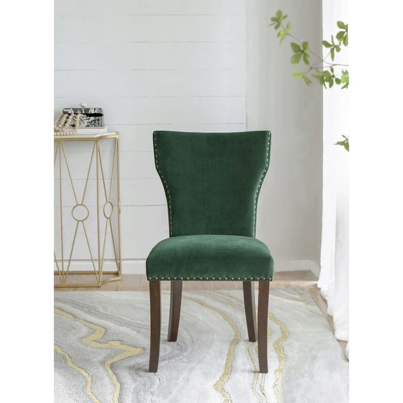Green Velvet Armless Dining Chair with Gold Nailhead & Wood Legs, Set of 2