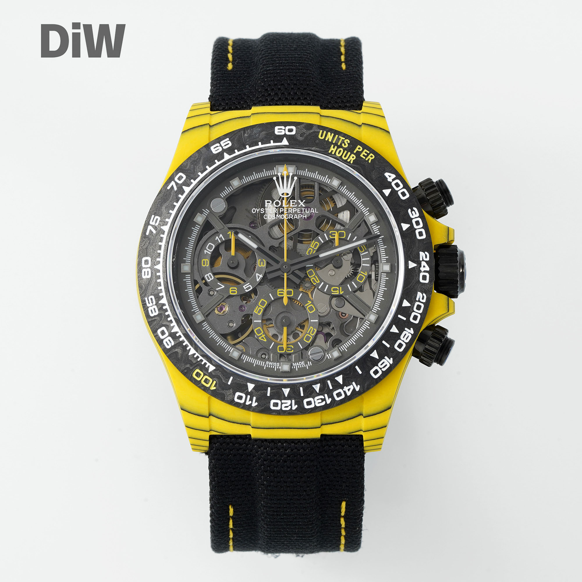 Replique Rolex Daytona DiW carbone jaune - vue frontale