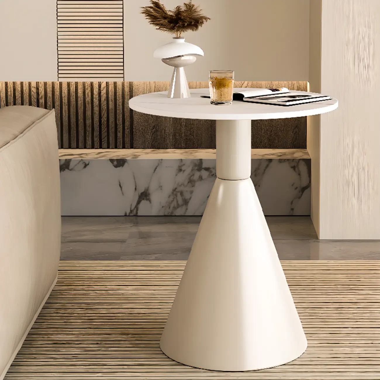 Modish Stone Round End Table with Metal Base