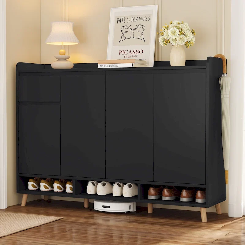 White/Black Minimalist Shoe Cabinet with Drawer, 2-Person Assembly, 3-Shelf Storage Sideboard