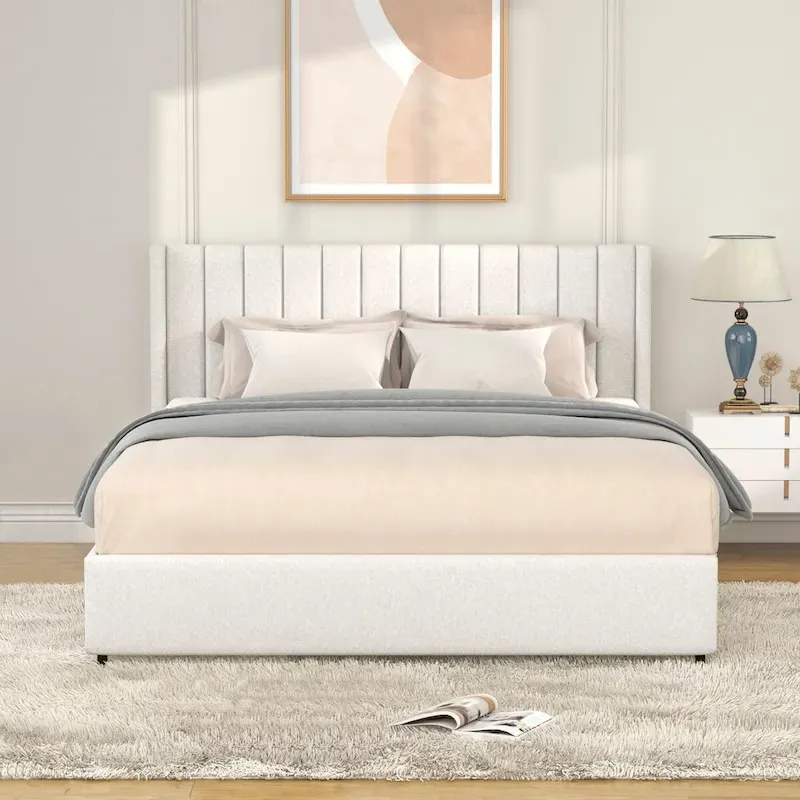 Queen Size Boucle Upholstered Platform Bed with Drawer