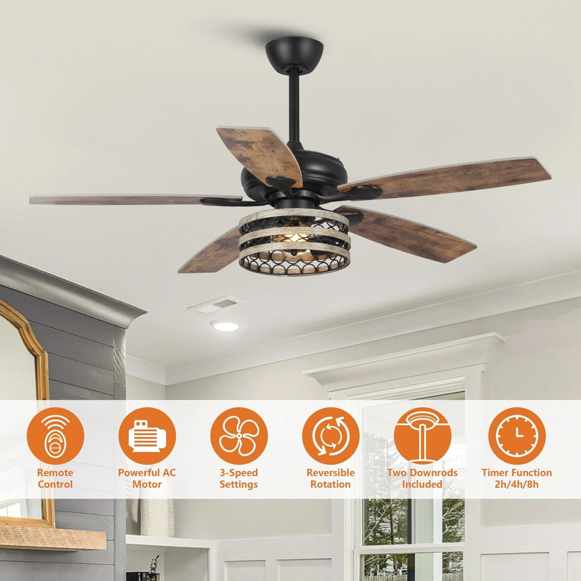 52 Farmhouse Driftwood 5-Blade Black Caged Ceiling Fan with Remote