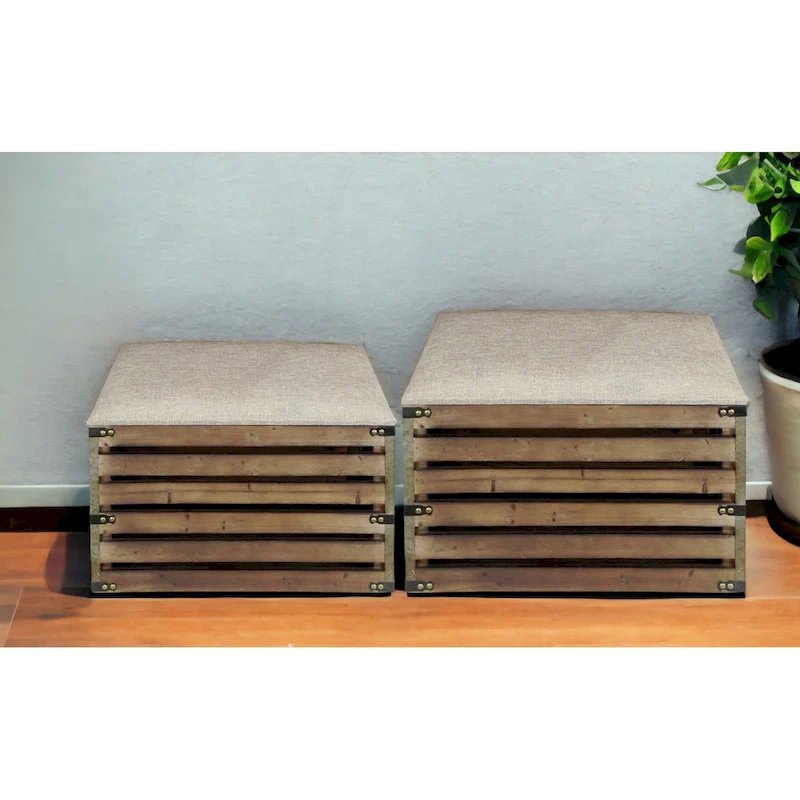 Set of Two Brown Wood Slat and Upholstery Storage Benches With Flip Top - 23.7 W x 14 D x 17.5 H