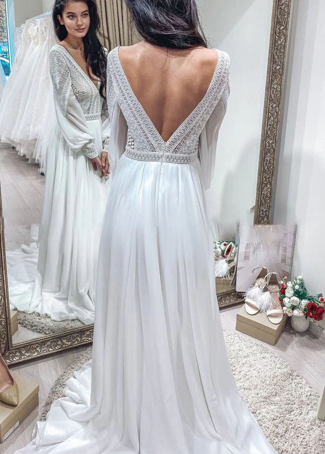 Bohemian Chiffon Backless A-Line Lace Long Sleeves Backless Wedding Dresses