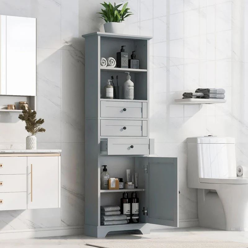 68 Tall Freestanding Bathroom Cabinet with 3 Drawers and Adjustable Shelves