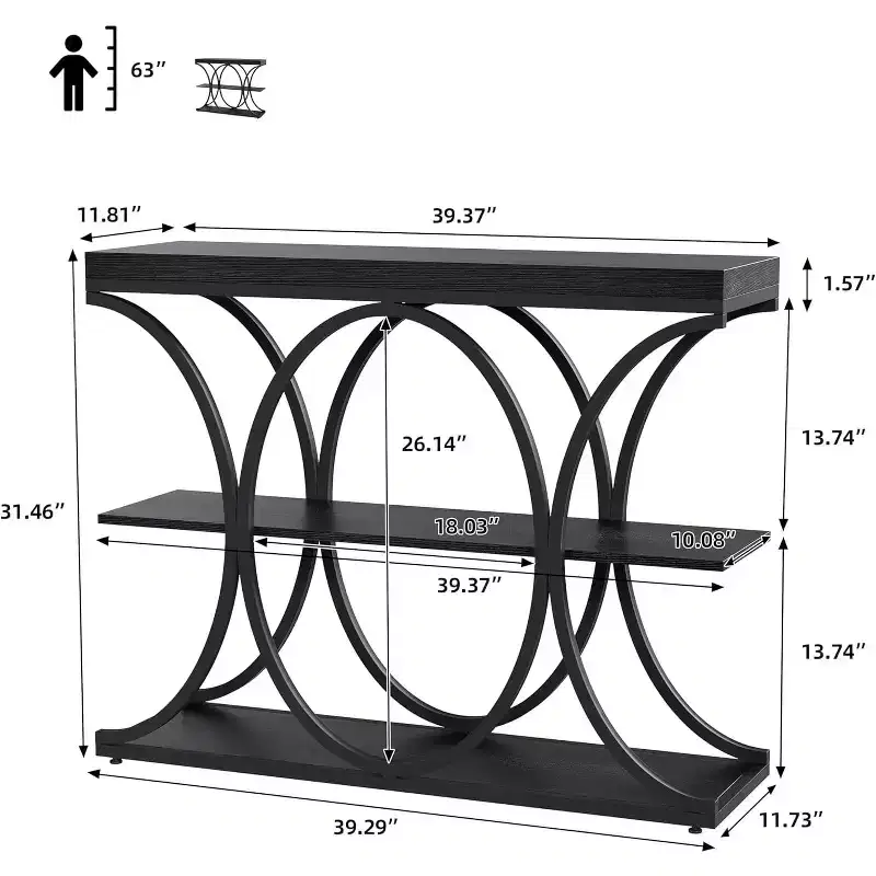 39 Narrow Console Tables for Entryway, Industrial 3-Tier Sofa Table with Round Metal Base and Storage Shelves for Hallway, Foyer