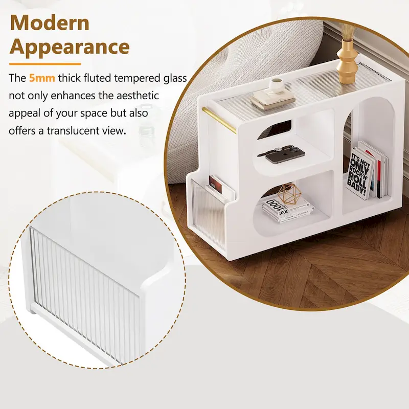 31.5  Modern Mobile End Table with 5mm Thick Fluted Tempered Glass, Lockable Wheels and Golden Round Rod