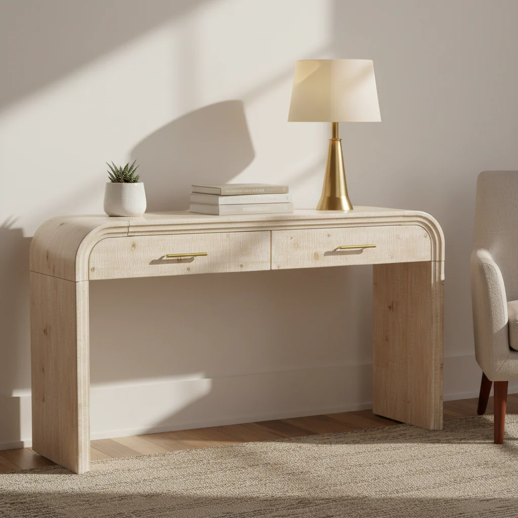 Retro Fluted Console Table with Hidden Drawers – Vintage Entryway Desk