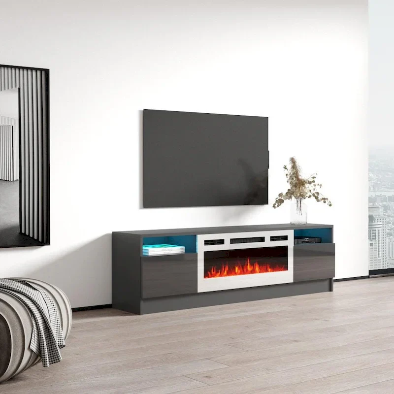 63 Inch TV Stand with Electric Fireplace Insert and LED Lighting