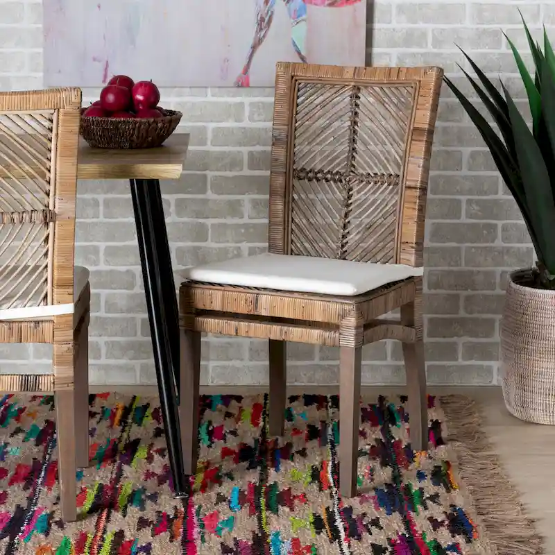 Laluna Modern Bohemian Rattan/ Mahogany Wood Dining Chair with Cushion