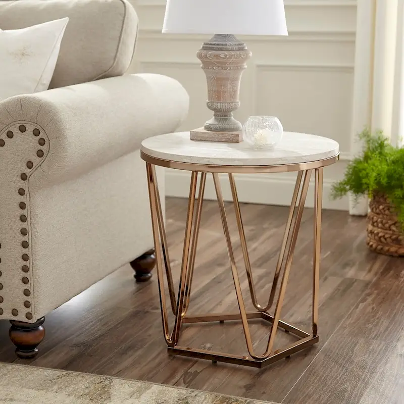 Round Side Table – Champagne Gold, Faux Travertine Top
