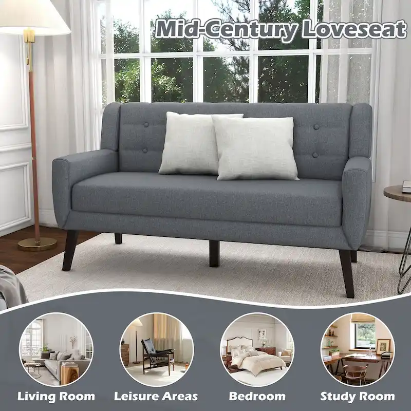 Modern Curved 63  Button Tufted Upholstered Loveseat with 2 Pillows