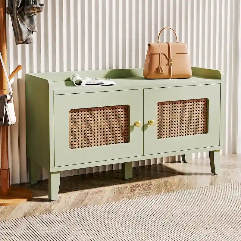 Green Wood 2-Door Shoe Cabinet Bench with Rattan-Style Doors & 2-Tier Storage - Single Use