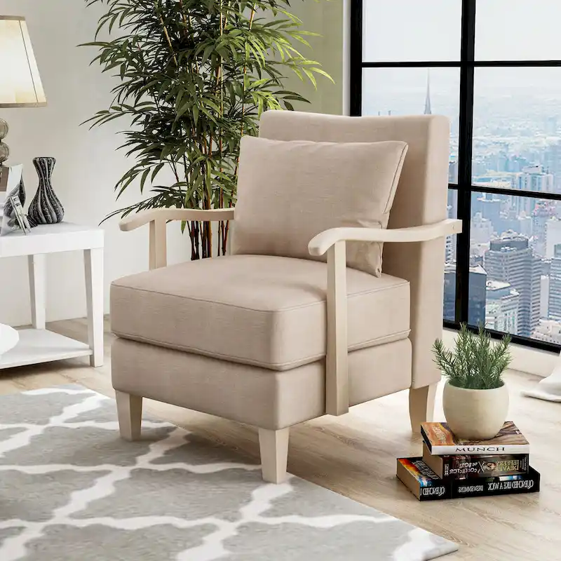 Contemporary Beige Fabric Vinyl Accent Chair with Loose Back Pillow