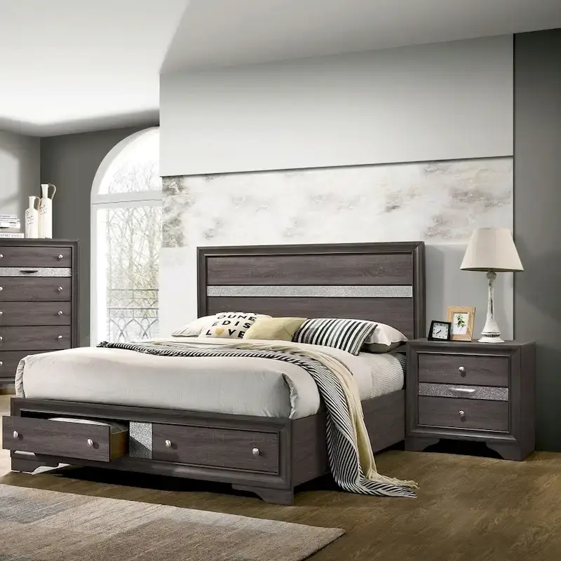 Contemporary Grey Solid Wood Storage Platform Bedroom
