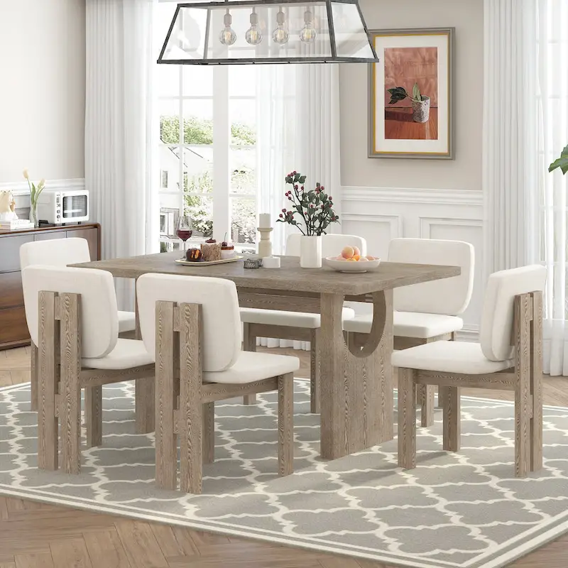 7-Piece Transitional Wooden Dining Set with Rectangular Table & 6 Chairs