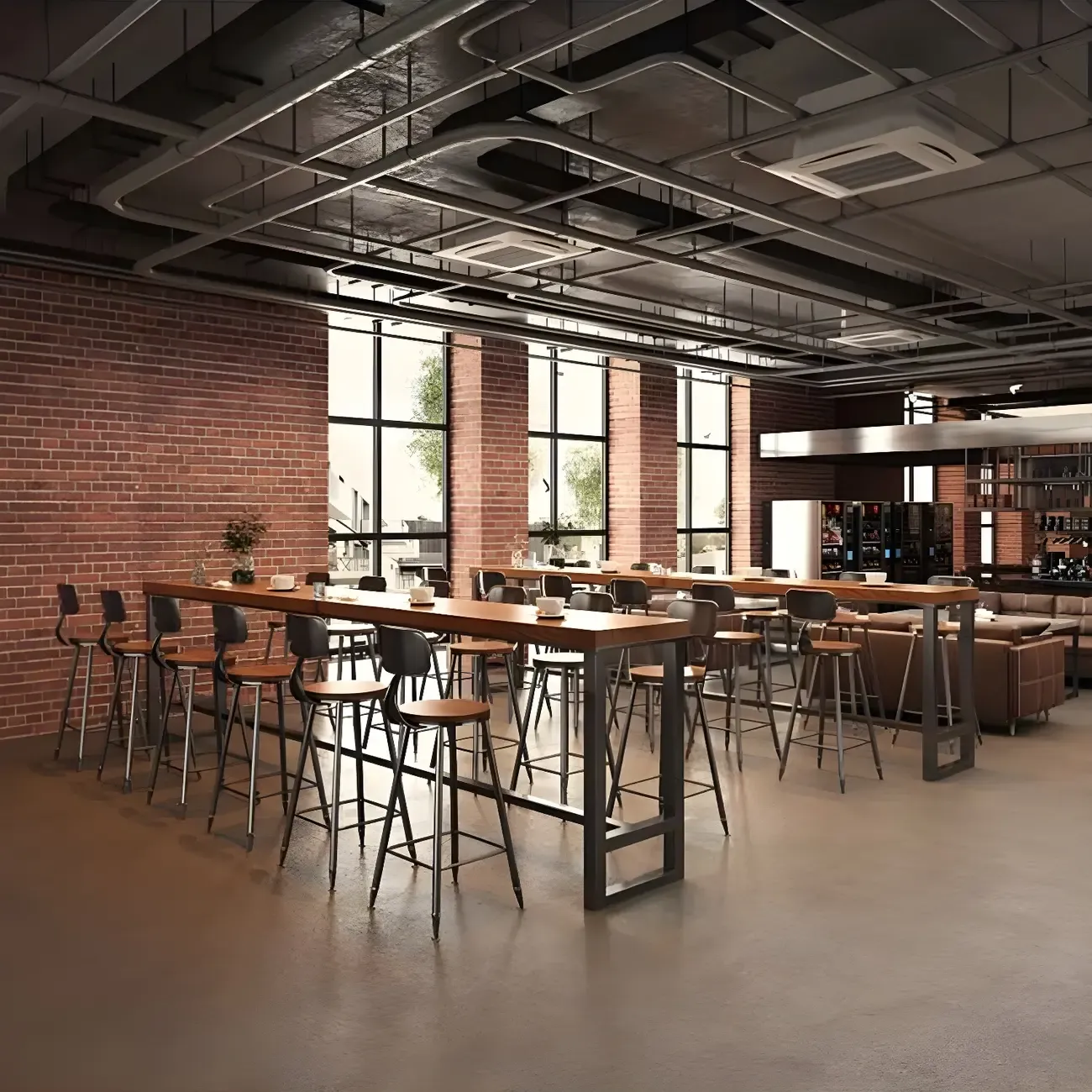 Industrial Brown Pine Wooden Metal Trestle Bar Tables