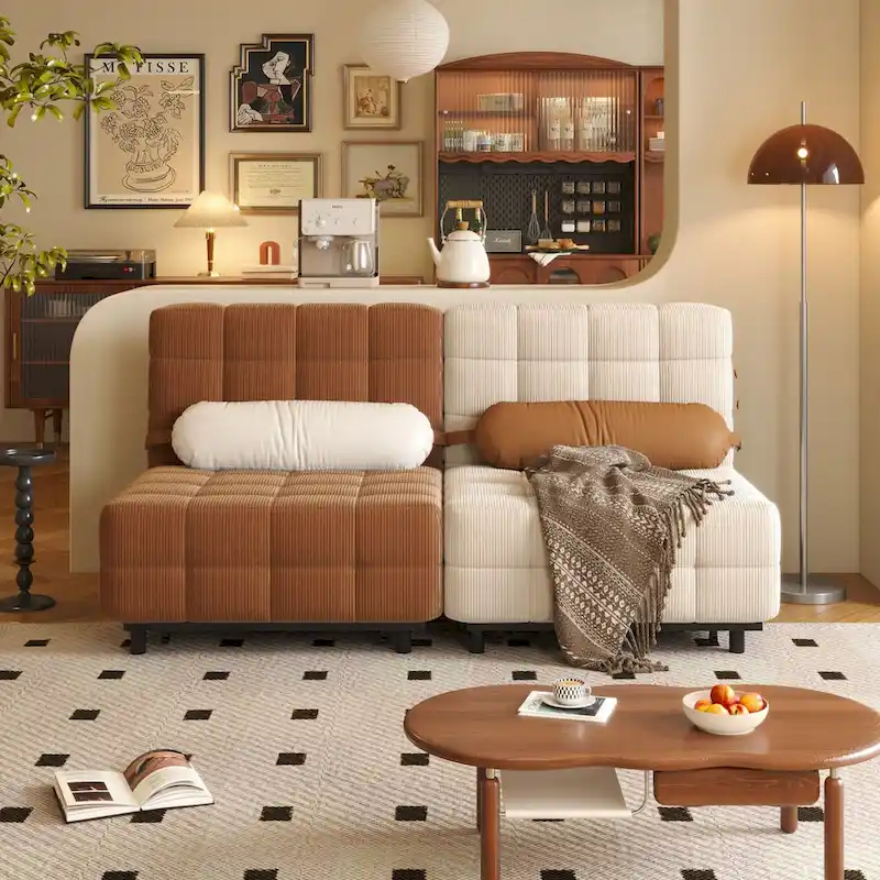 Beige / Camel Corduroy Convertible Armless Sleeper Chair Sofa Bed – 1 Person