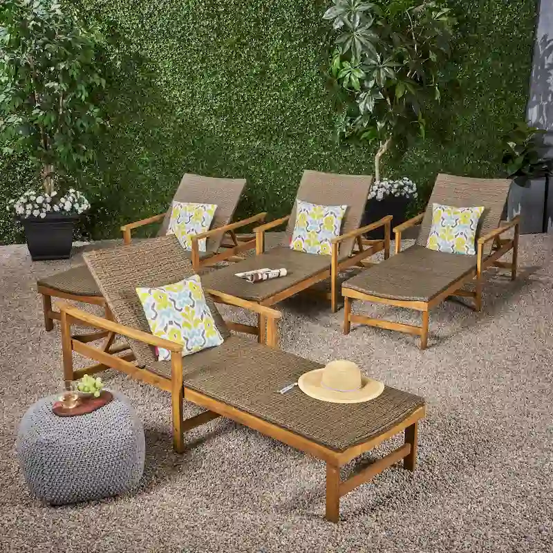 Hampton Outdoor Rustic Acacia Wood Chaise Lounge with Wicker Seating (Set of 4) by Christopher Knight Home
