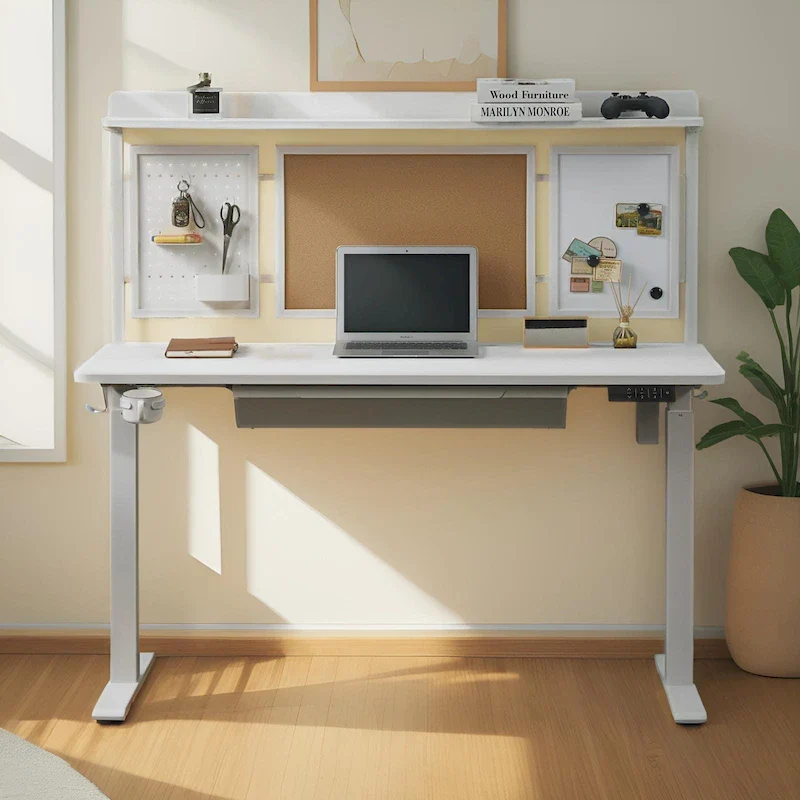 KOWO 55 White Electric Standing Desk w/Drawer & Backboard Height Adjustable Sit Stand Workstation for Home Office