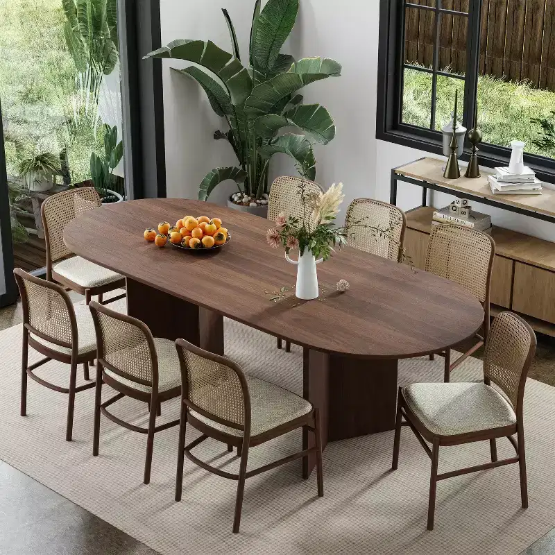 PexFix 79 x 33.5 Solid Wood Farmhouse Dining Table with V-Shaped Legs and Oval Wood Top for Modern Dining Rooms & Family Gatherings Walnut