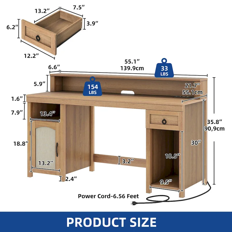 Moasis Farmhouse Wood Office Desk with Drawer and LED Strip & Power Outlets