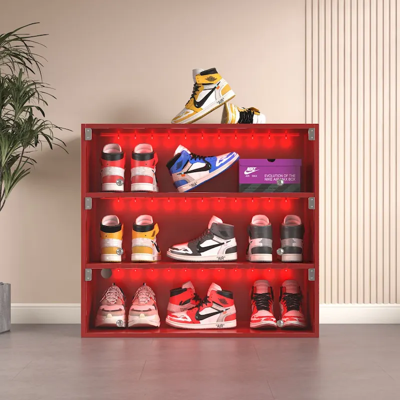 Red LED Light Shoe Box Three Layers With Glass Doors, Expertly Made of Wood