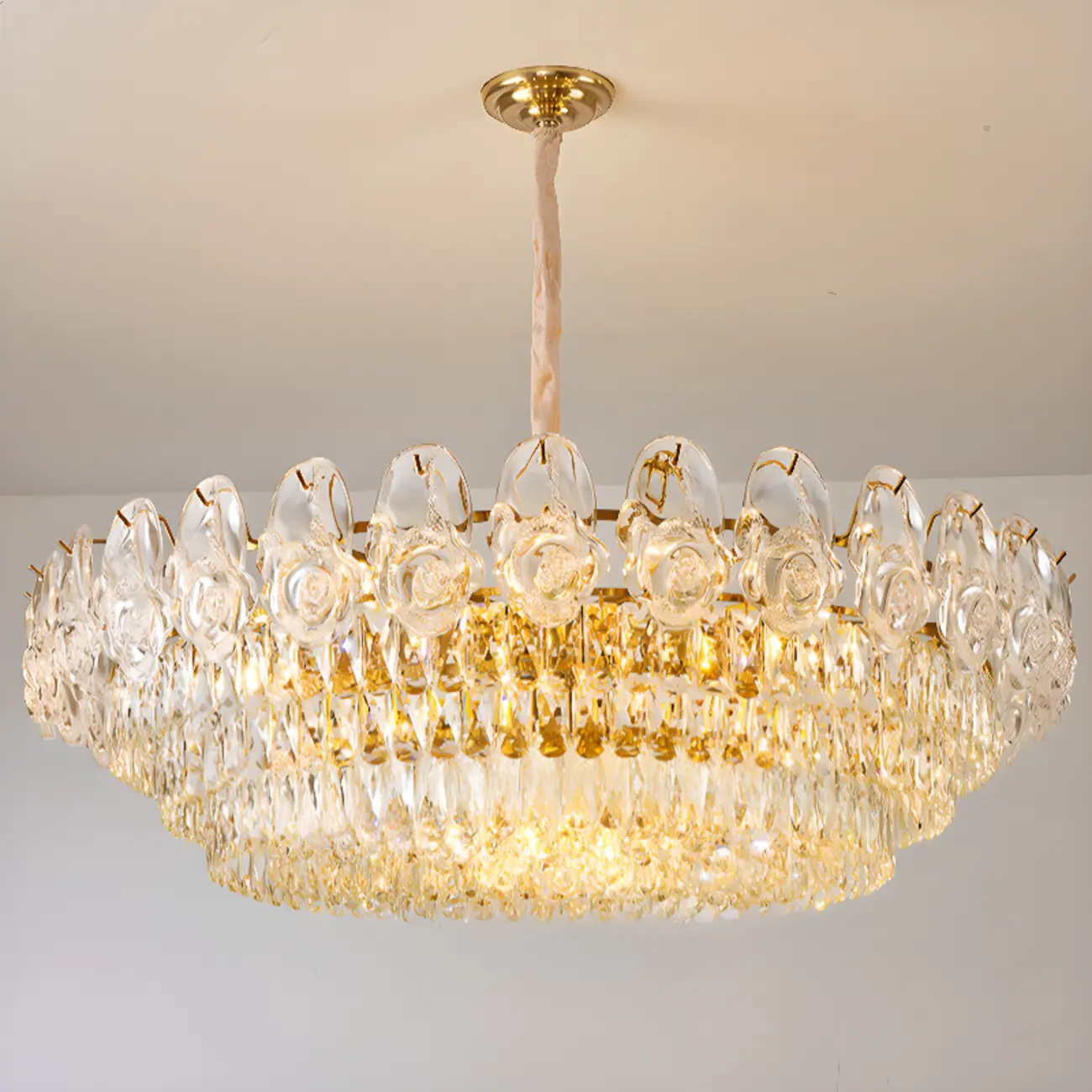 Modern Luxury Gold Tiered Crystal Round Chandelier