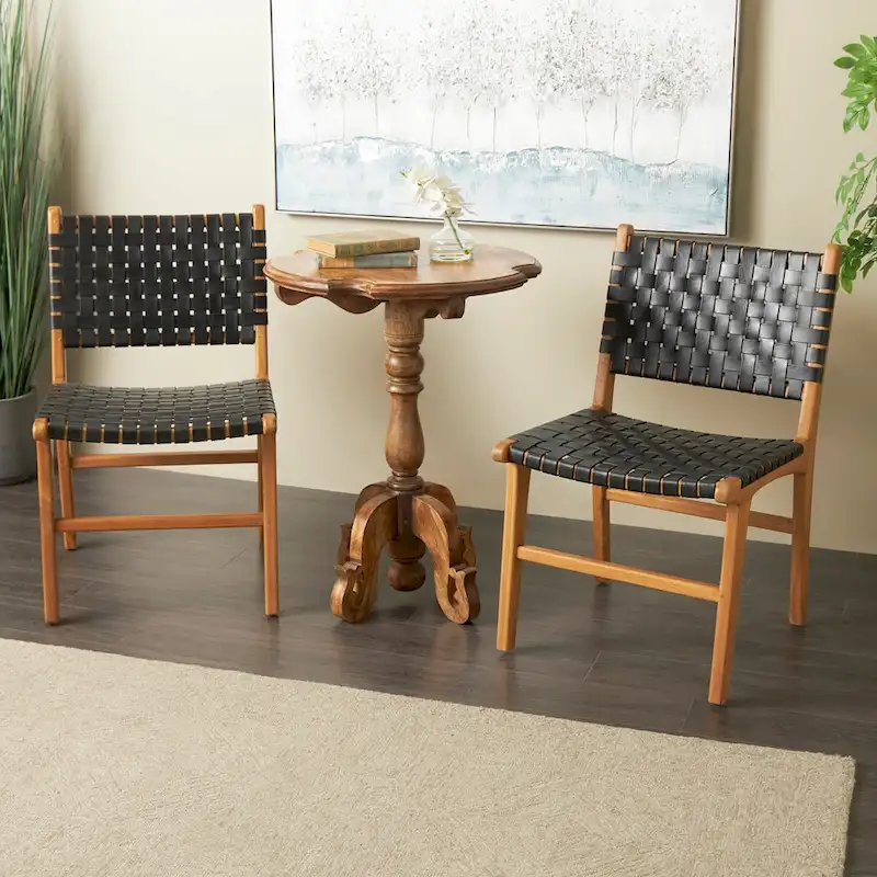 Woven Leather Dining Chair with Teak Wood Frame, Brown / White / Black, Set of 2 (1 Person Each)