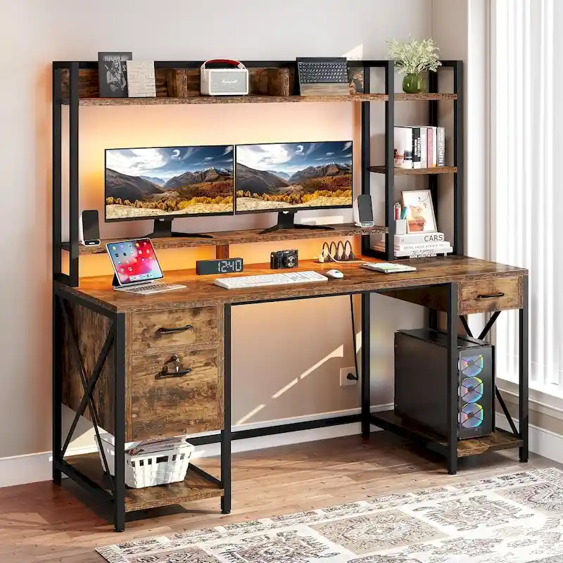 Brown/Grey/White Computer Desk with Hutch and RGB LED, 59 in.