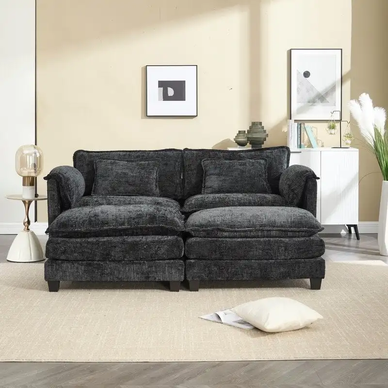 76.77 Chenille Upholstered Sofa with 2 Ottomans
