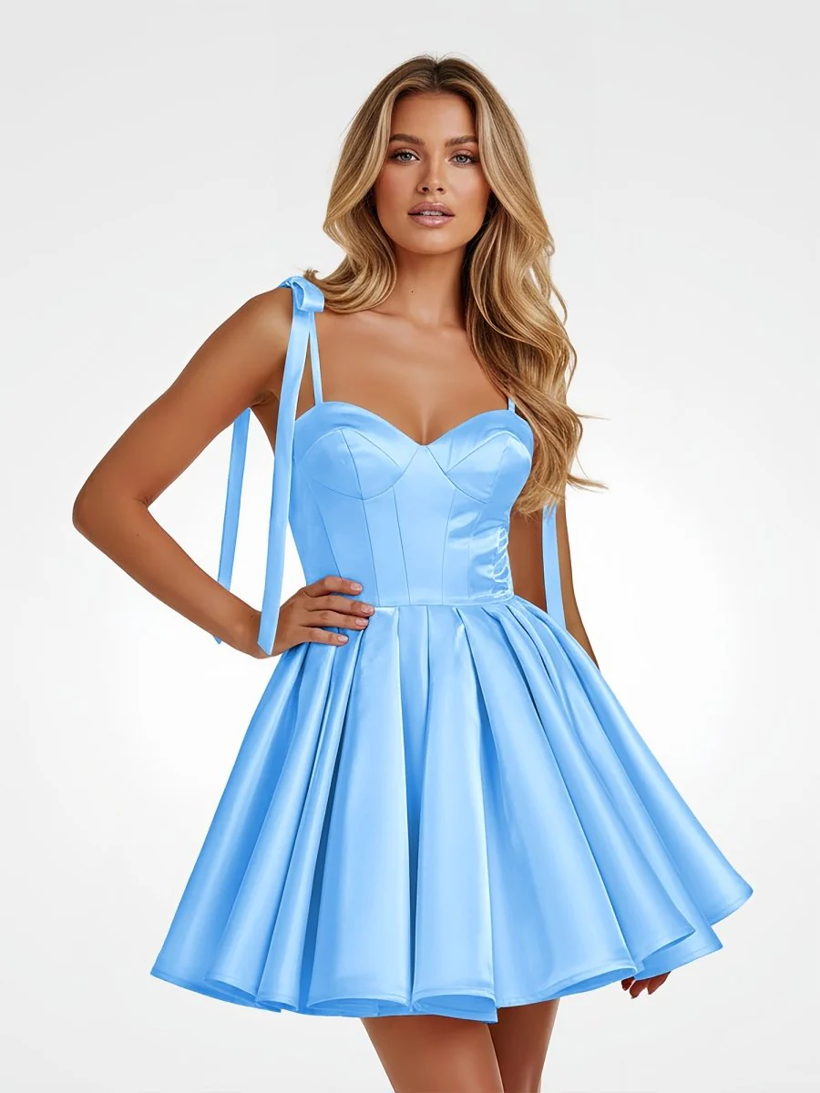 Blue - Spaghetti Straps Satin Pleated A Line Homecoming Dresses With Bow