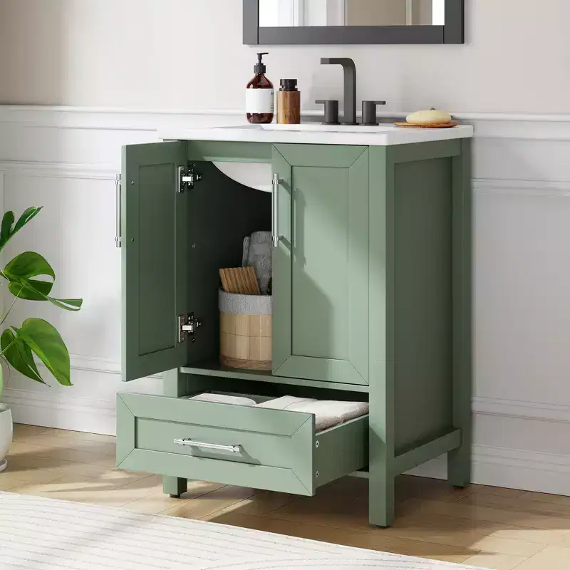 Bathroom Vanity with Ceramic Sink, Storage Cabinet with Drawer, 2 Soft-Close Doors, Integral Top for Bathroom