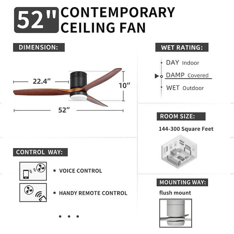Moasis 52 Inch Flush Mount Ceiling Fan with Light and Remote Control,Low Profile Smart Ceiling Fan