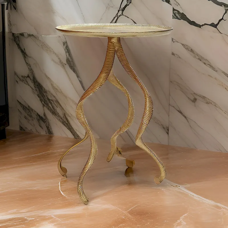 24 Inch Accent Side Table, Antler Base Design, Ribbed Top, Aluminium, Gold