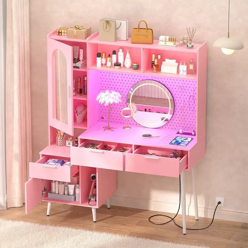 Makeup Vanity with Pegboard and Hutch, Bedroom Vanity Table with Charge Station and LED Light - N/A