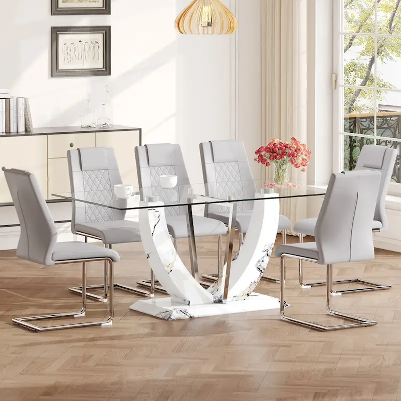 Modern Tempered Glass Dining Table Set with U-shaped Marble Pattern Base and PU Upholstered Chairs