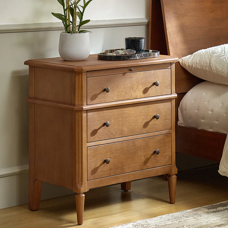 3-Drawer Nightstand with Hidden Compartment, Pull-Out Tray & Built-in Power Outlet | Teak / Walnut / Black | Single