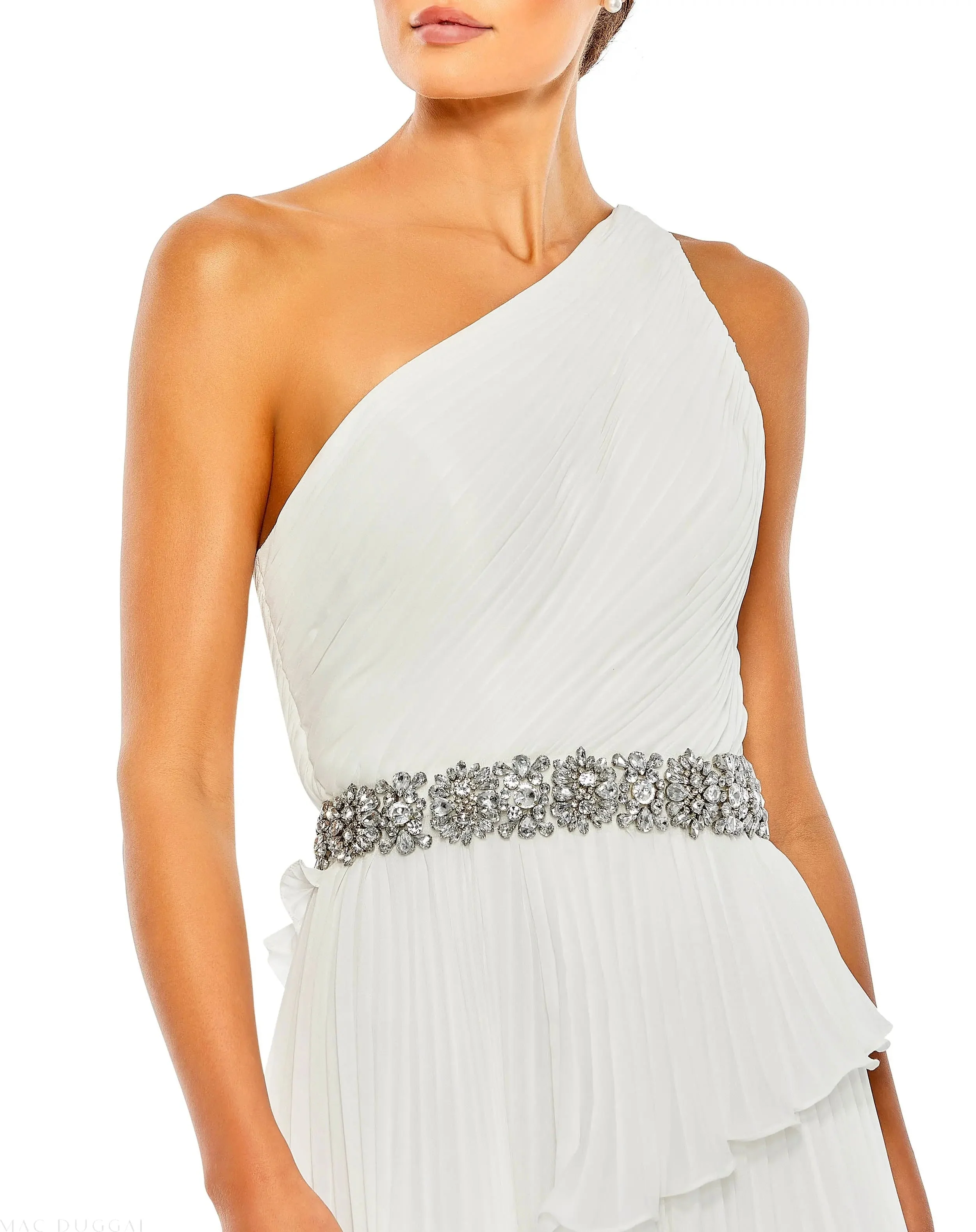 White Pleated One Shoulder Asymmetrical Ruffle Hem Gown