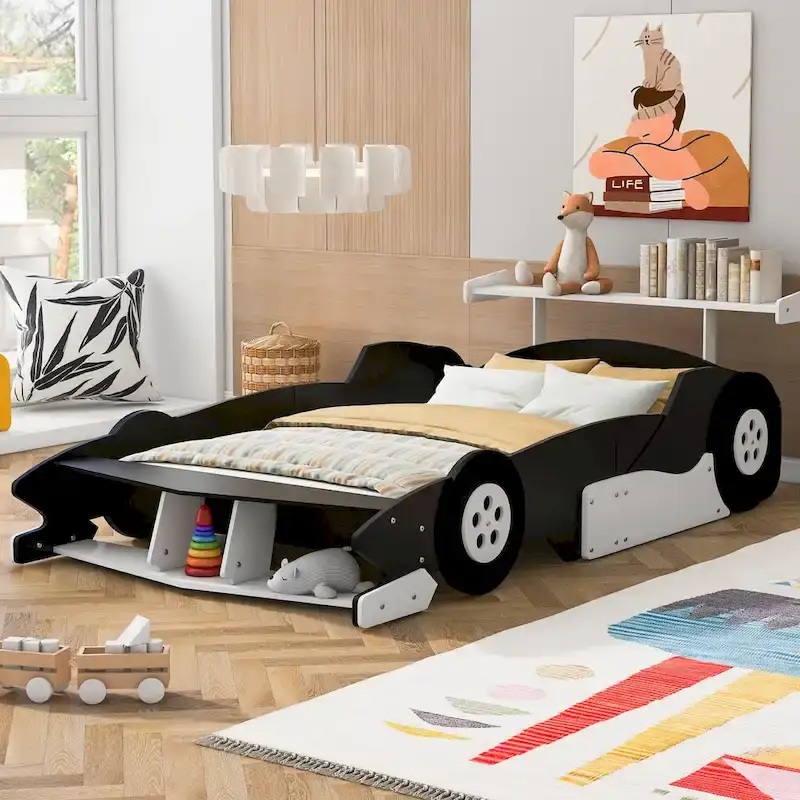 Red/Blue/Black Race Car-Shaped Full Bed Frame with Guardrail, for 1