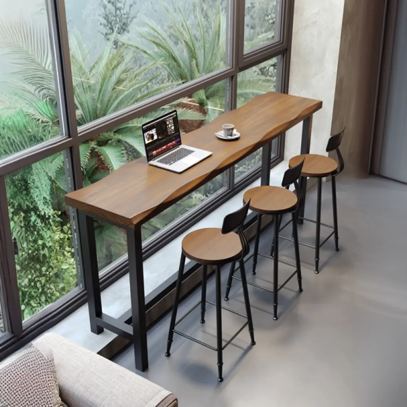 Modern Brown Wooden Grain Iron Trestle Bar Tables