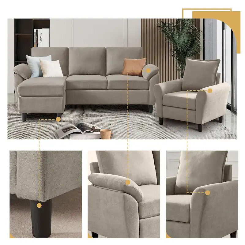 3-Piece Living Room Sectional Sofa Set with Chair and Ottoman
